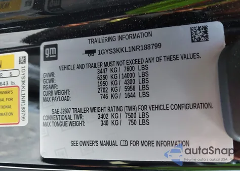 2022 Cadillac Escalade Esv 2Wd Premium Luxury из США, поврежденный, VIN 1GYS3KKL1NR188799